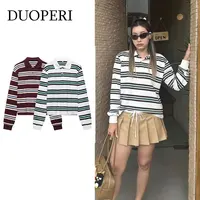 DUOPERI femmes mode 2025 nouveau rayé pull chemises revers cou manches longues élégance femme Chic dame Polo hauts 1