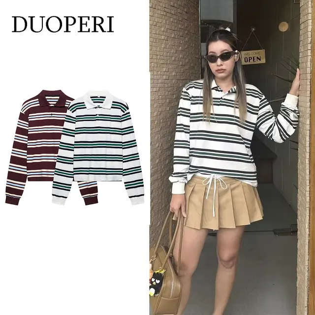 DUOPERI femmes mode 2025 nouveau rayé pull chemises revers cou manches longues élégance femme Chic dame Polo hauts 1
