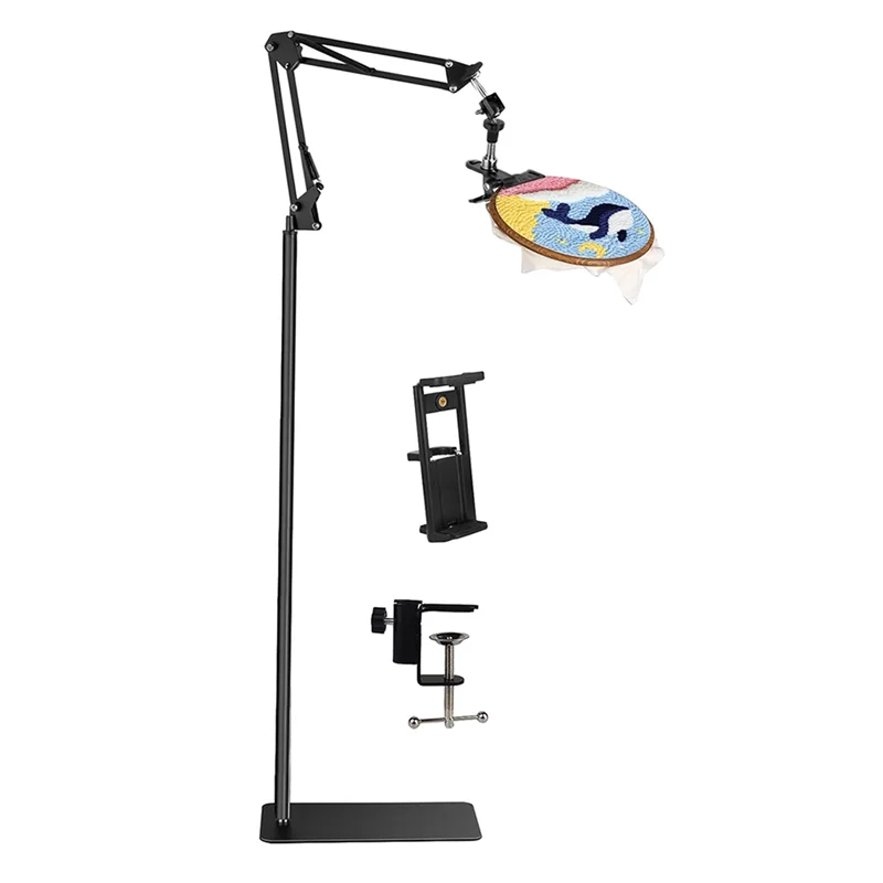 Black Adjustable Embroidery Hoop Stand, 3-In-1 Hoop/Tablet/Phone Holder Floor Stand, Embroidery 360&deg; Rotatable