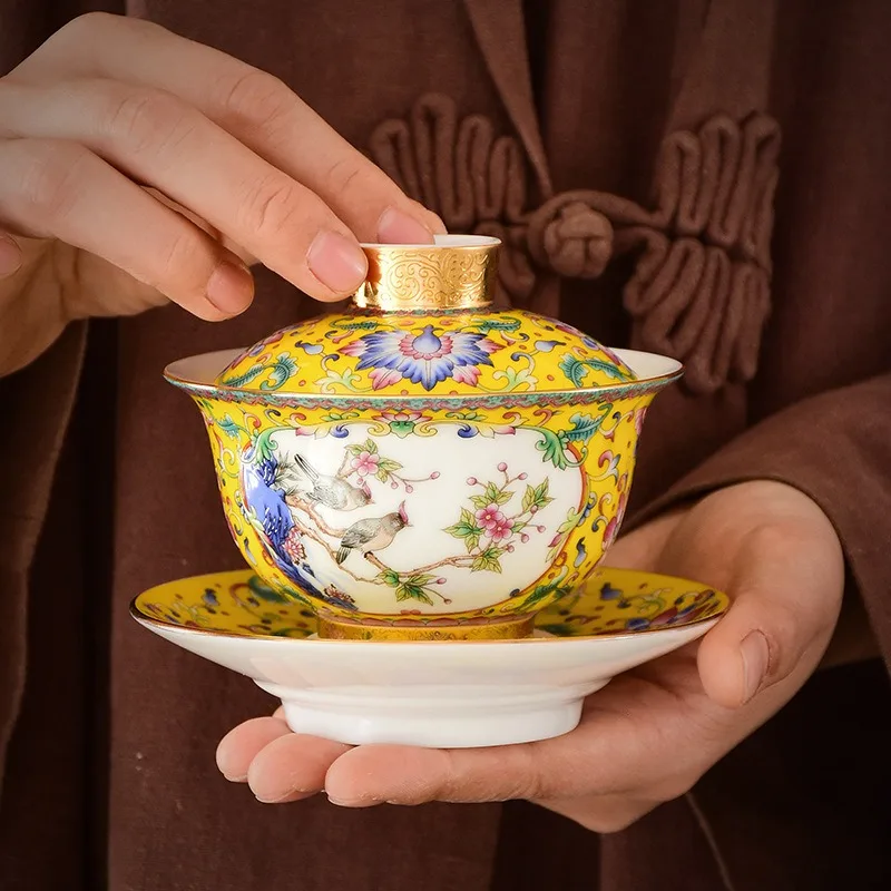 

Jingdezhen Enamel Color Ceramic Gaiwan Chinese Tea Set Sancai Tea Bowl Portable with Cover Teacup Household Custom Teaware
