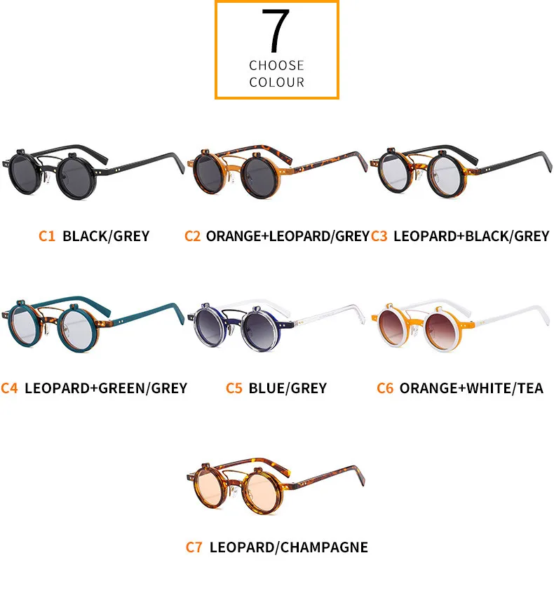 Neue Retro Punk Doppel klappe runde Sonnenbrille für Frauen Männer Mode Trend Sonnenbrille Leopard Rahmen UV400 Nieten Brillen – Detail 5