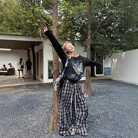 Loose Feeling Plaid Knife Pants Women Summer Hiphop Dancer Loose Drapey Long Trousers Comfortable Waistband Lazy Style