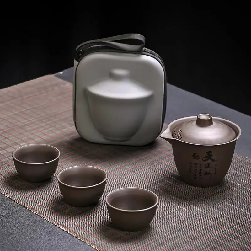 Yixing Purple Sand Tea Set Anti-scalding Ceramic Chinese Teacup Set Portable Travel Teaware Kung Fu Tea Cup 1 Pot 3 Cups Gaiwan