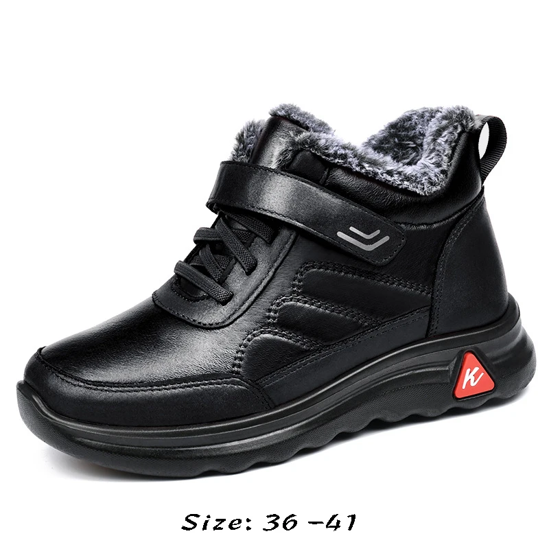 High quality short ankle snow leather boots for women round toe thickening new 2023 winter casual plush warm shoe - black red