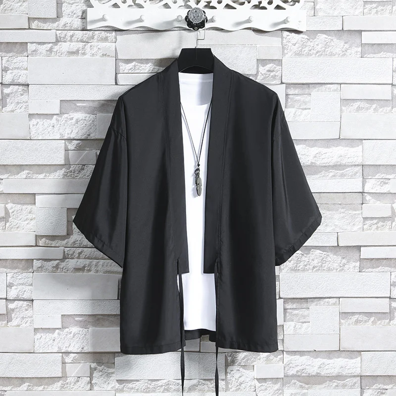 

#4255 Black White Grey Blue Kimono Jacket Men Cardigan Loose Plus Size 5XL Streetwear Hip Hop Coat Outerwear Sunscreen Summer