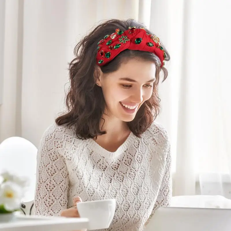 Christmas Knotted Headbands For Women Beaded Rhinestone Headbands Wide Hairband Festive Knot Hairband Holiday Christmas
