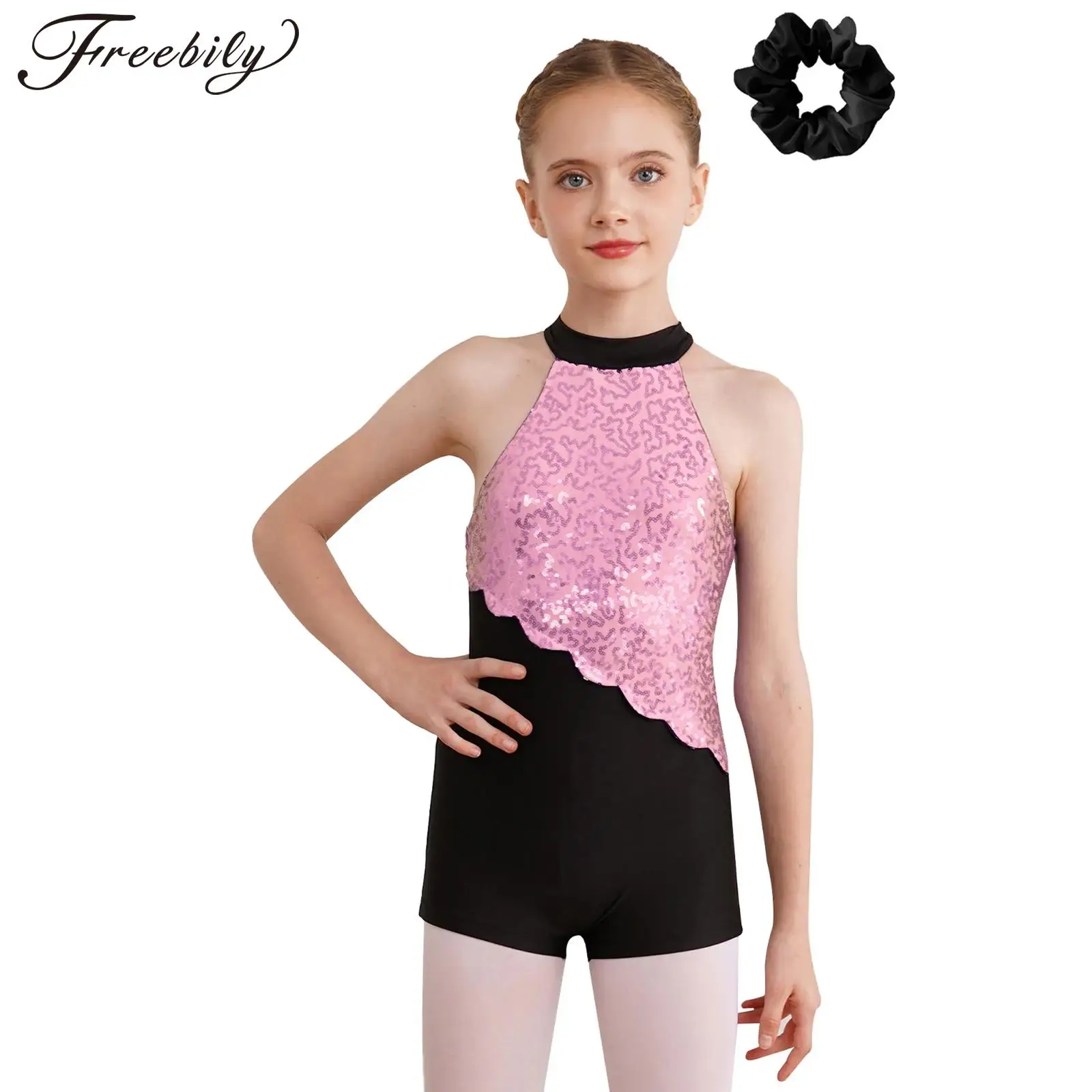 

Kids Girls Latin Ballet Jazz Dance Jumpsuit Patchwork Sleeveless Sequins Bodysuit for Competition Rhythmic Gymnastics Leotard