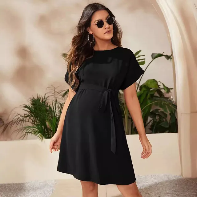 Maternity Clothings Solid Color Soft Elastic Maternity Dress Fashionable and Elegant Short Sleeved High Waisted Lace Up Dress 3