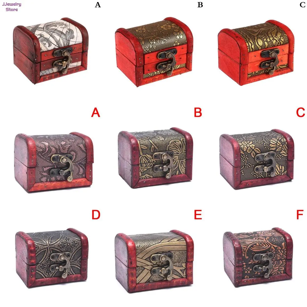 

1x Antique Mini Wood Treasure Chest Storage Box Jewelry Organizer Box Gift Box Casket Lock Desktop Storage Box Small Jewelry Box