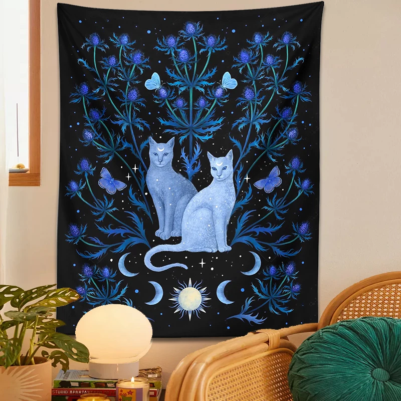 Cat Tapestry Wall Hanging Tapestry Decorations Psychedelic Moon Sun Moth Cat Leaf Flower Divination Occult Home Wall