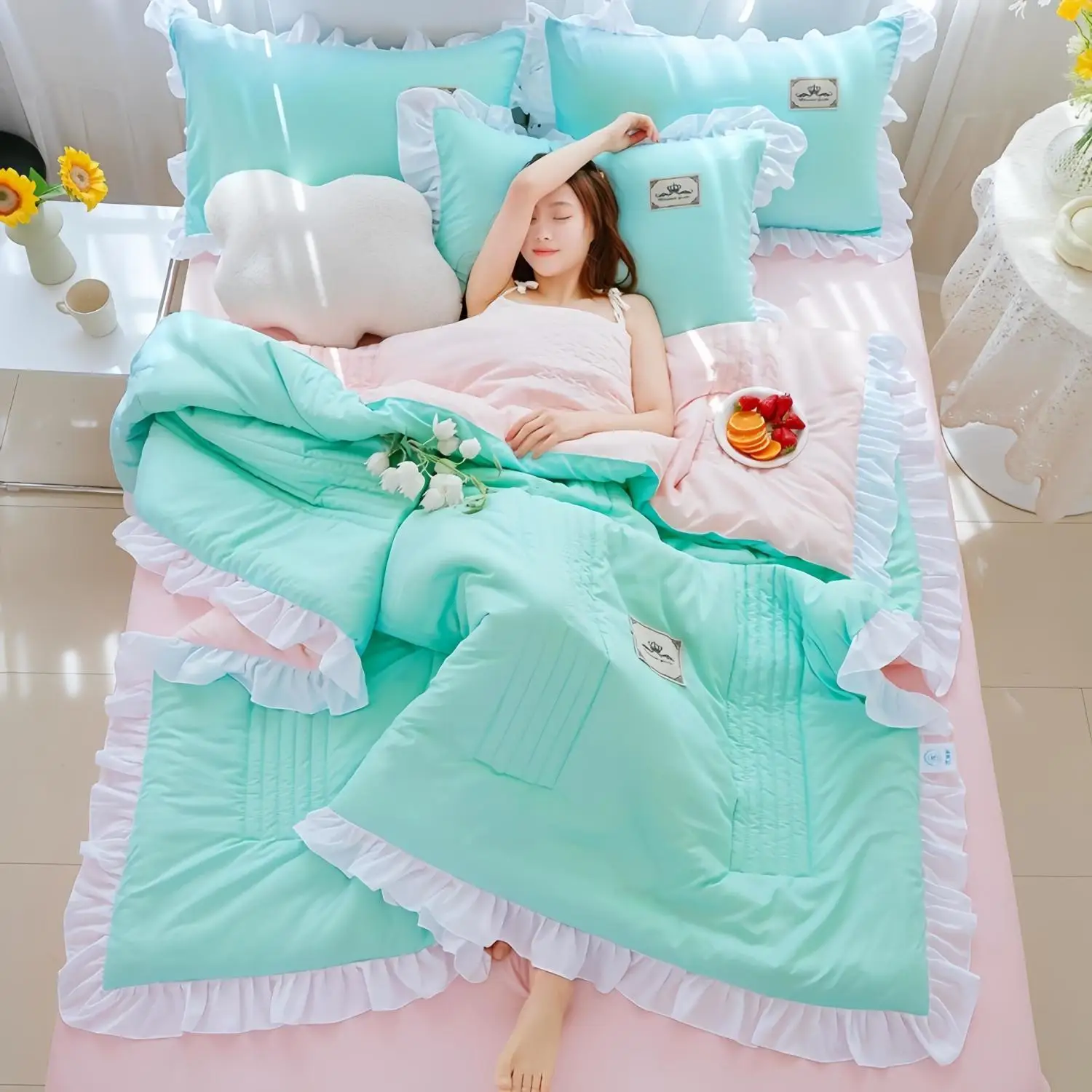 Summer Quilt Set Korean Version Lace Summer Cool Quilt Washable Cotton Machine Washable Summer Quilt Sheets Two Person Air-conditioned Quilt