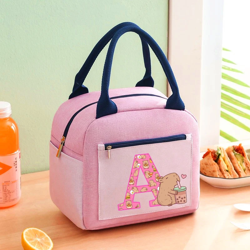 Capibara Lunch Bag for Kids Anime Capybara Letter A-Z Bento Handbag Girls School Thermal Insulation Pouch Picnic Food Cases Gift