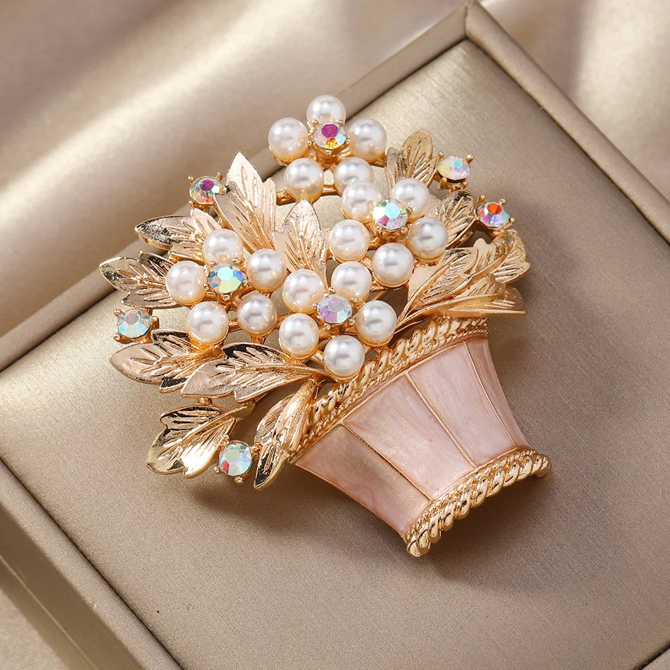 New Glazed Pearl Flower Brooch Fashion Flower Basket Potted Pin