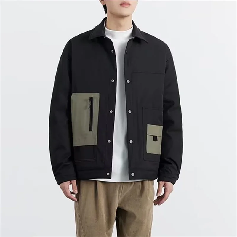 Men's Colorblock Pockets Button Bomber Jackets Autumn American Retro Baseball Uniform Black Loose Tops Male Lapel Frock Coat