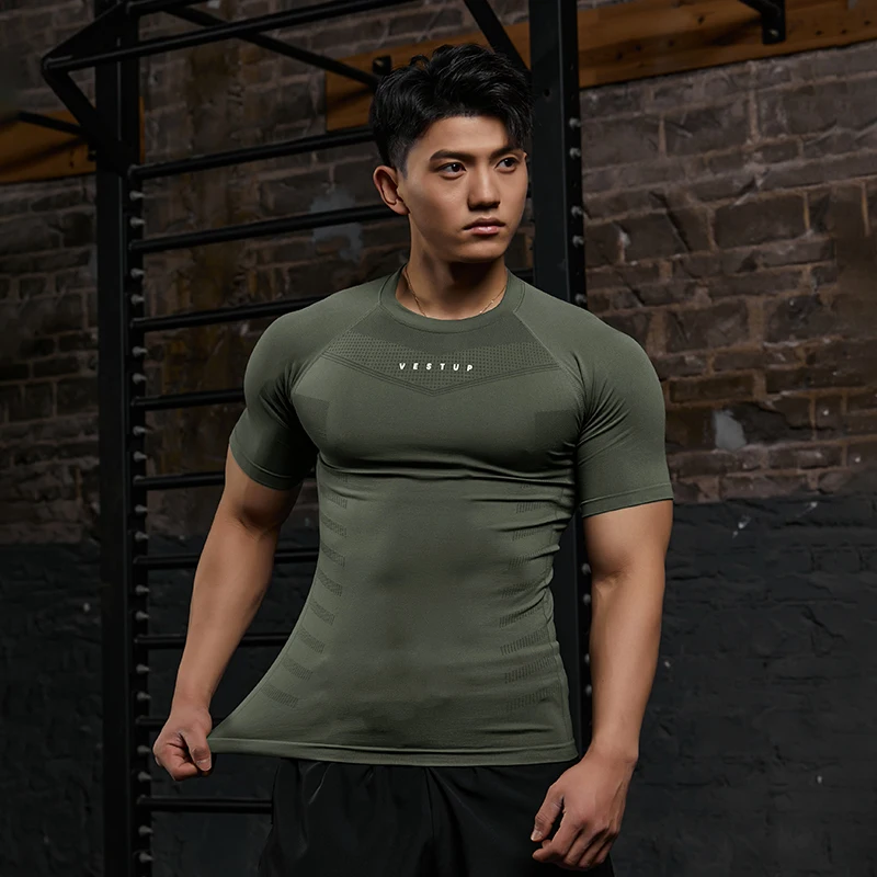 Vest Up American Slim-Fit Seamless Fitness Short Sleeve Men's Textured Short Sleeve High Elastic Anti-Wrinkle Men's T-Shirt