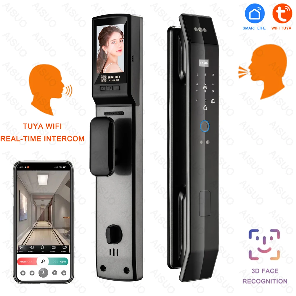 투야 3D 얼굴 실시간 인터콤 스마트 도어락 보안 카메라, 지능형 지문 번호, 생체 인식 전자 키, 잠금 해제