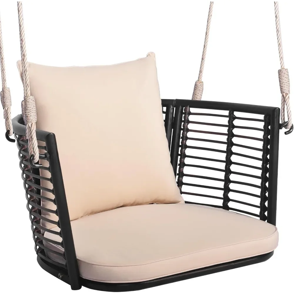 Outdoor Metal Porch Swing, Single Person Hanging Seat with/Woven Rattan Backrest, 2 Sturdy Hanging Ropes, Seat & Back Cushion 2
