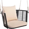 Outdoor Metal Porch Swing, Single Person Hanging Seat with/Woven Rattan Backrest, 2 Sturdy Hanging Ropes, Seat & Back Cushion 2