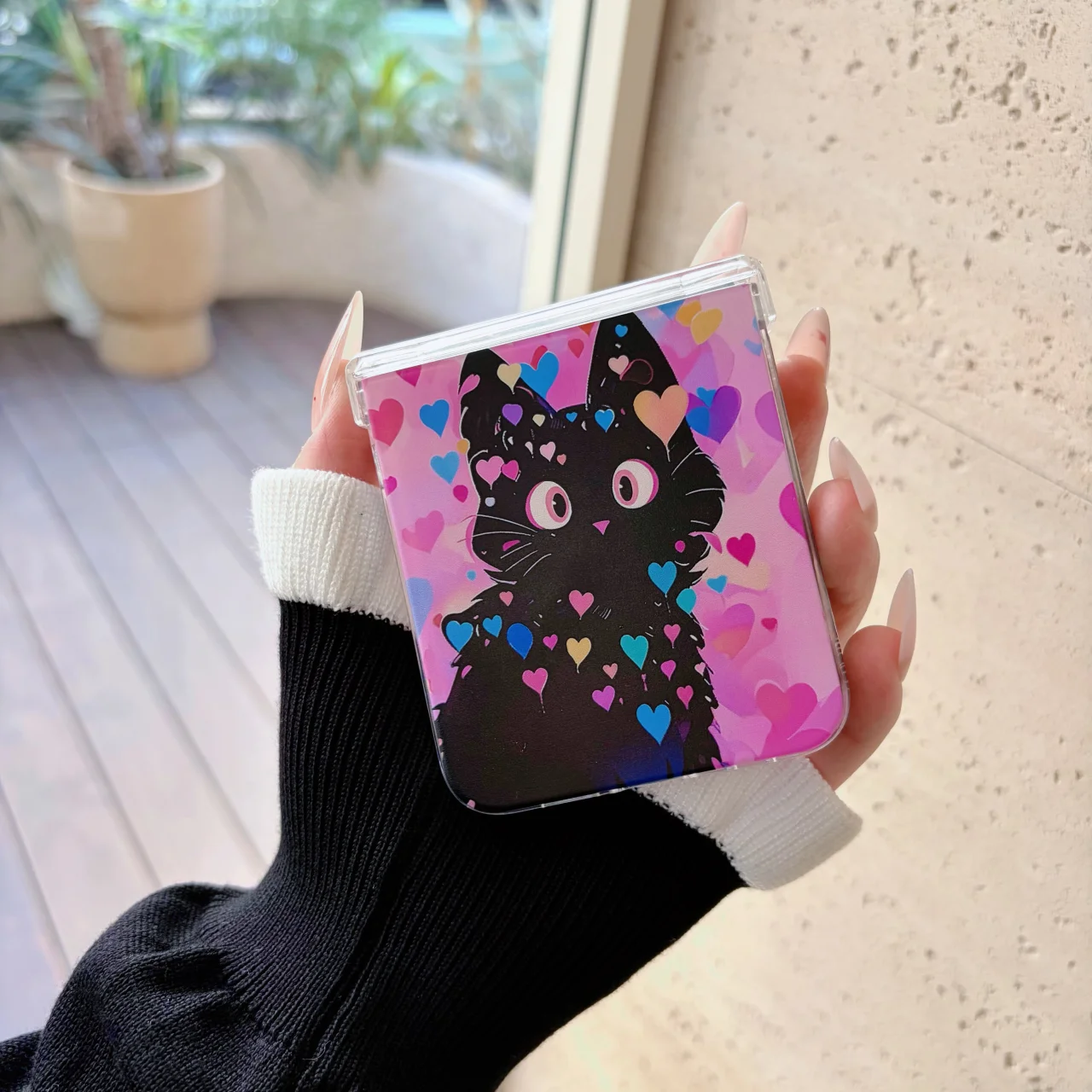 Colorful Love Heart Black Cat Folding Phone Case with Wrist Strap