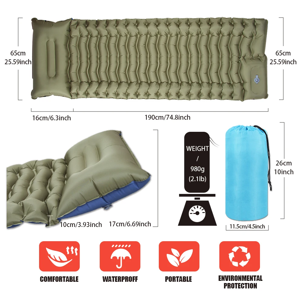 مرتبة قابلة للنفخ للتخييم في الهواء الطلق، وسادة نوم قابلة للنفخ مع وسادة مدمجة مضخة هوائية للسفر والمشي لمسافات طويلة والتسلق
