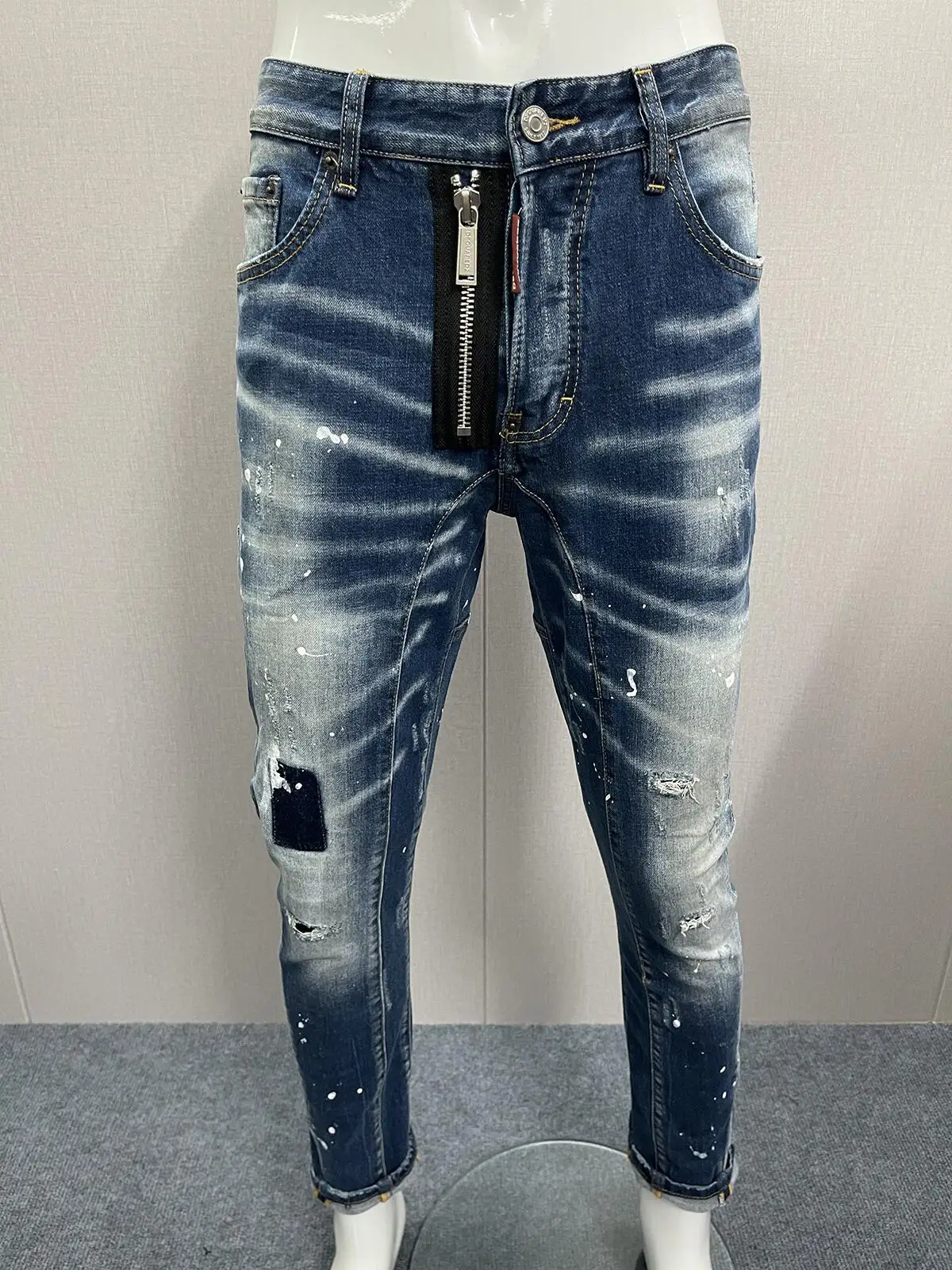 2023 Hot Selling Denim Pants Men's D2 Jeans Slim Fit Small Feet Casual Black Grey Car Scramble Patch Micro Elastic Wash Tide