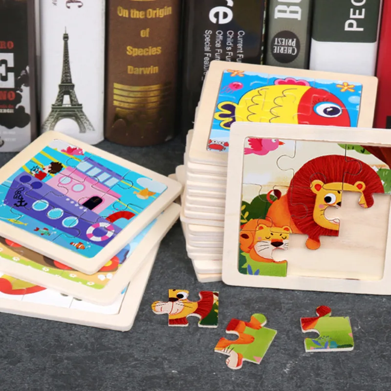 wooden puzzles 9 Pieces Montessori Kid Toy 3D Children Education Materials Cartoon Dinosaur Transportation Learning Toys