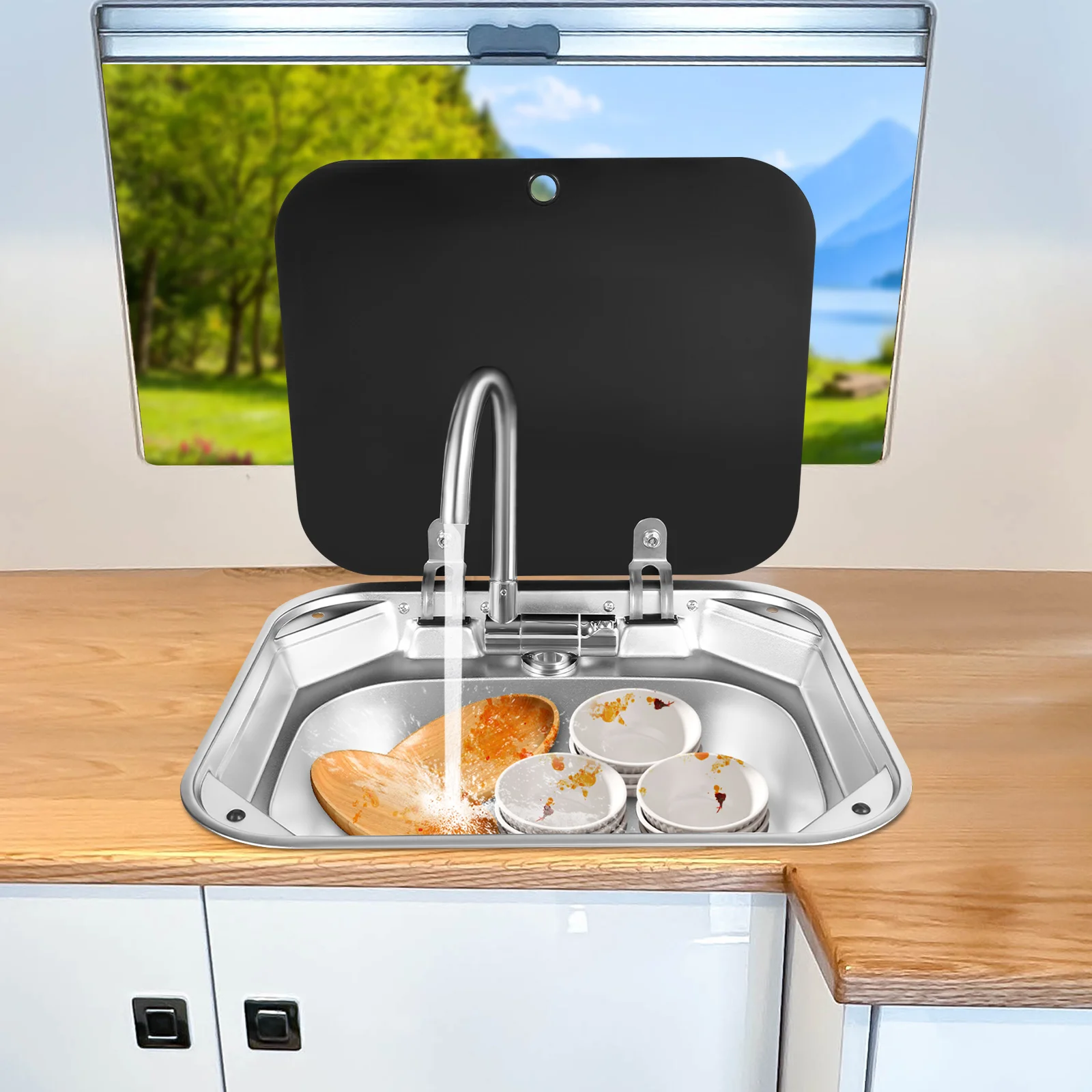 RV Camping Sink Kit Drop-in Hand Wash Basin With Hot and Cold Regulation Tap Folding Faucet for RVs Bars Hotels Cafes etc