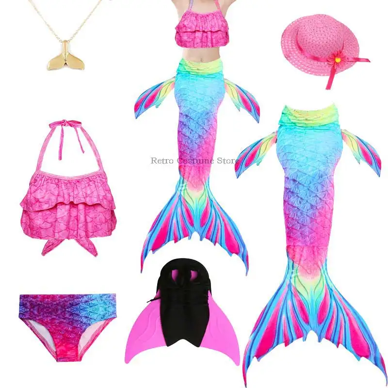 Mermaid Tail For Swimming Kids Girls Cosplay Colorful Bikini Bathing Suit Beach Dress Flippers Fin Cap Anime Costume |