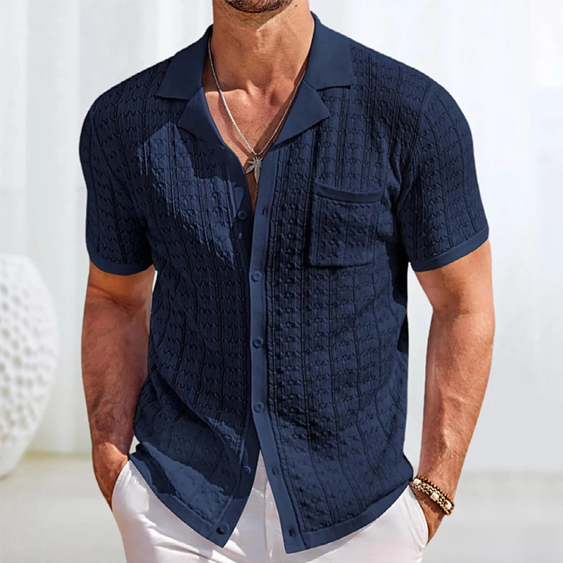 Mens Knitted Short Sleeve Shirts Vintage Texture Casual Breathable