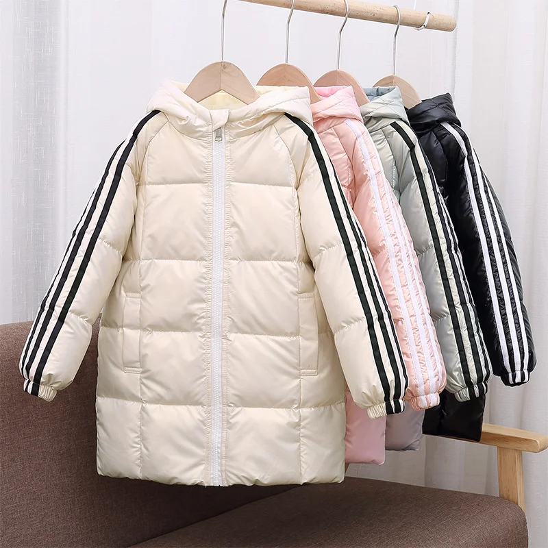 

Children 1-9 Jacket Year Down Clothes Zipper Striped Thick Warm Hooded Long Down Jacket for Girl Winter New Children's Outerwear