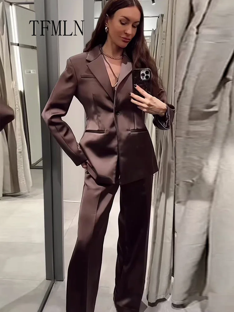Elegan 2026 New Women Single Button Blazer Pant Suits Office Lady Notched Backless Coats Straight Long Pant Causal Outfits