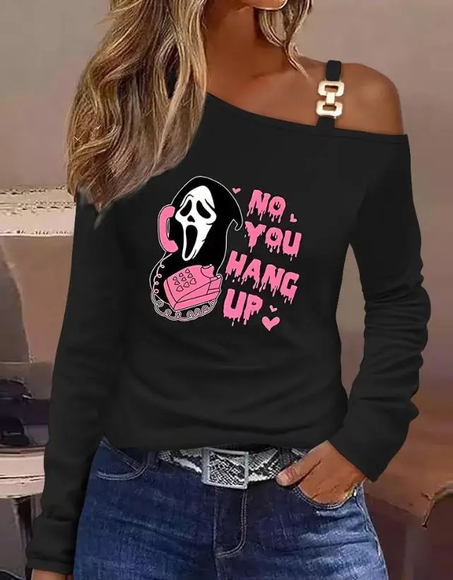 

Halloween Print Cold Shoulder Top for Woman New Fashion Melting No You Hang Up Graphic Long Sleeved Top Beautiful T-shirts