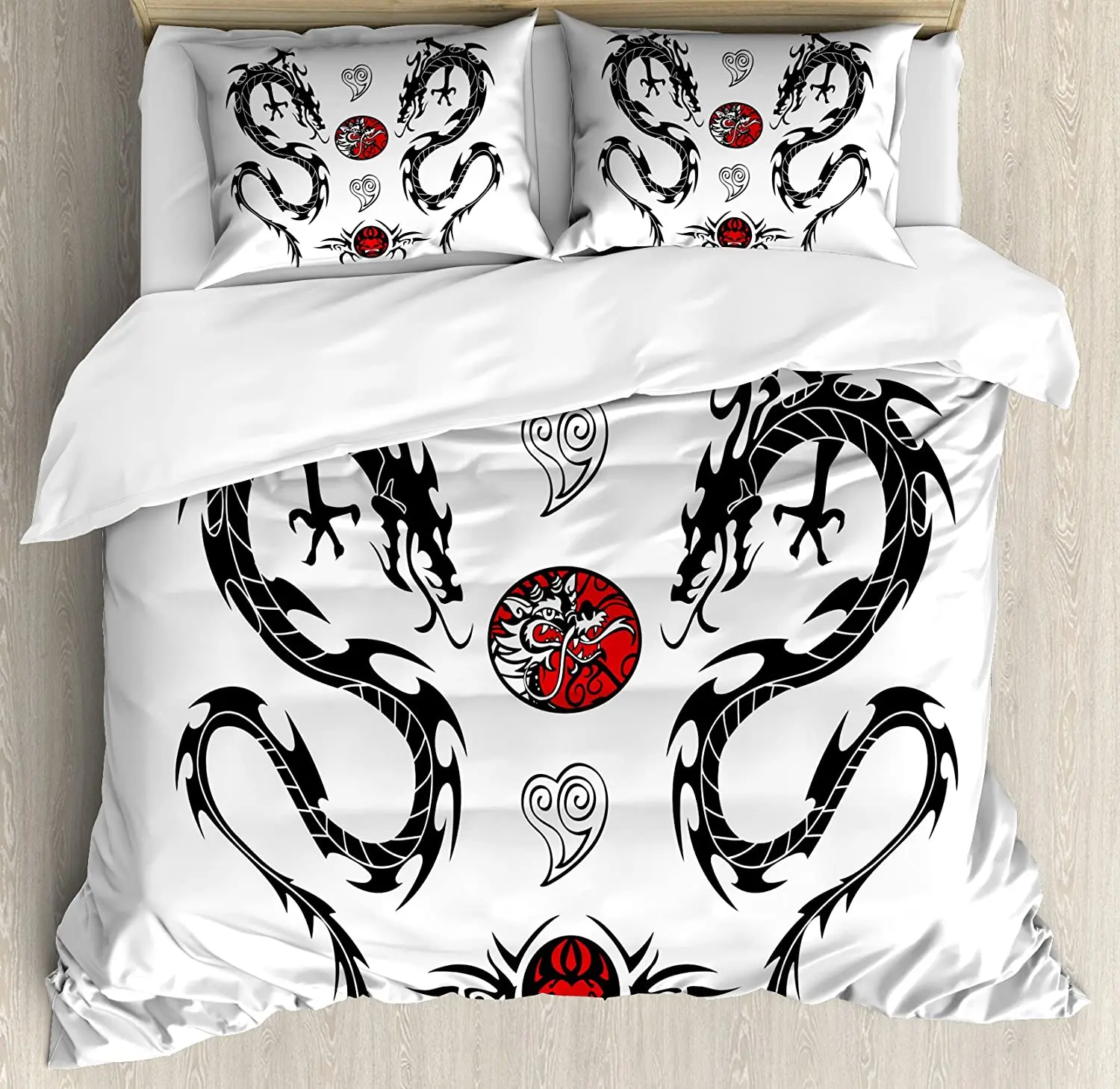 

Japanese Dragon Bedding Set Comforter Duvet Cover Pillow Shams Tribal Tattoo Style Asian Indigenous Bedding Cover Double Bed Set