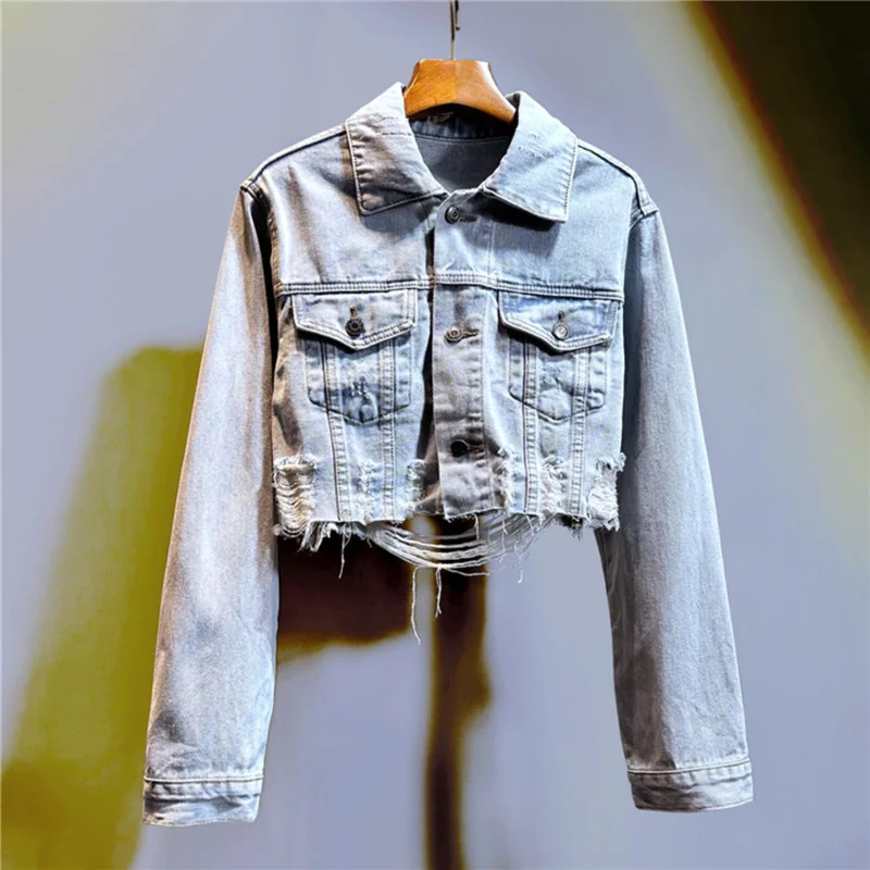 

Spring Vintage Light Blue Slim Short Hole Denim Jacket Fashion Frayed Burrs Hem Lapel Long Sleeve Jeans Jacket Female Basic Coat