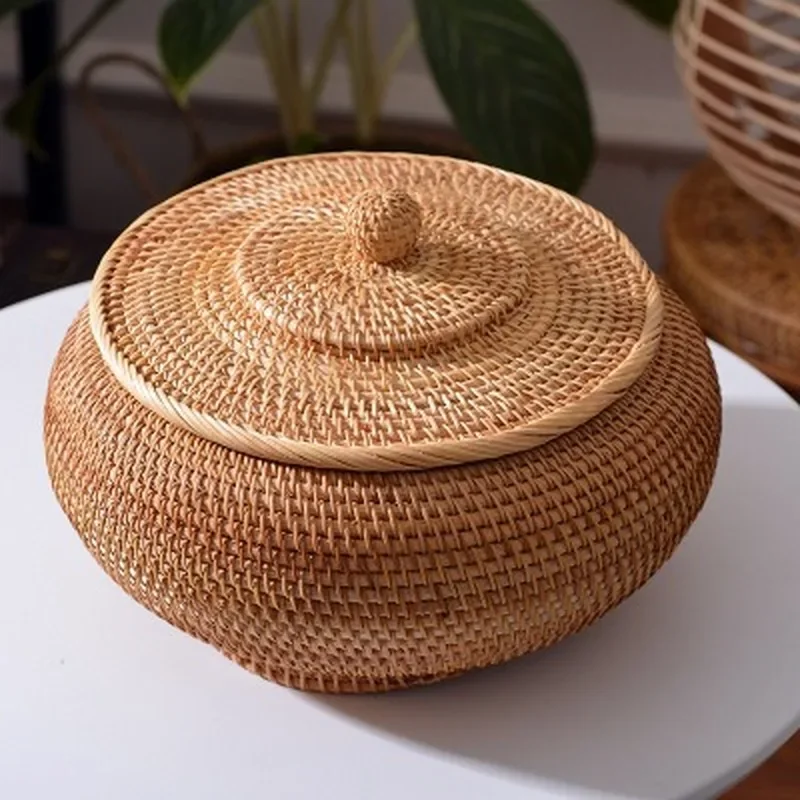 Round Rattan Boxes with Lid Hand-Woven Multi-Purpose Wicker Tray 11 Inch Picnic Food Bread Table Storage Basket WF Ring box Desk 3