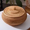 Round Rattan Boxes with Lid Hand-Woven Multi-Purpose Wicker Tray 11 Inch Picnic Food Bread Table Storage Basket WF Ring box Desk 3