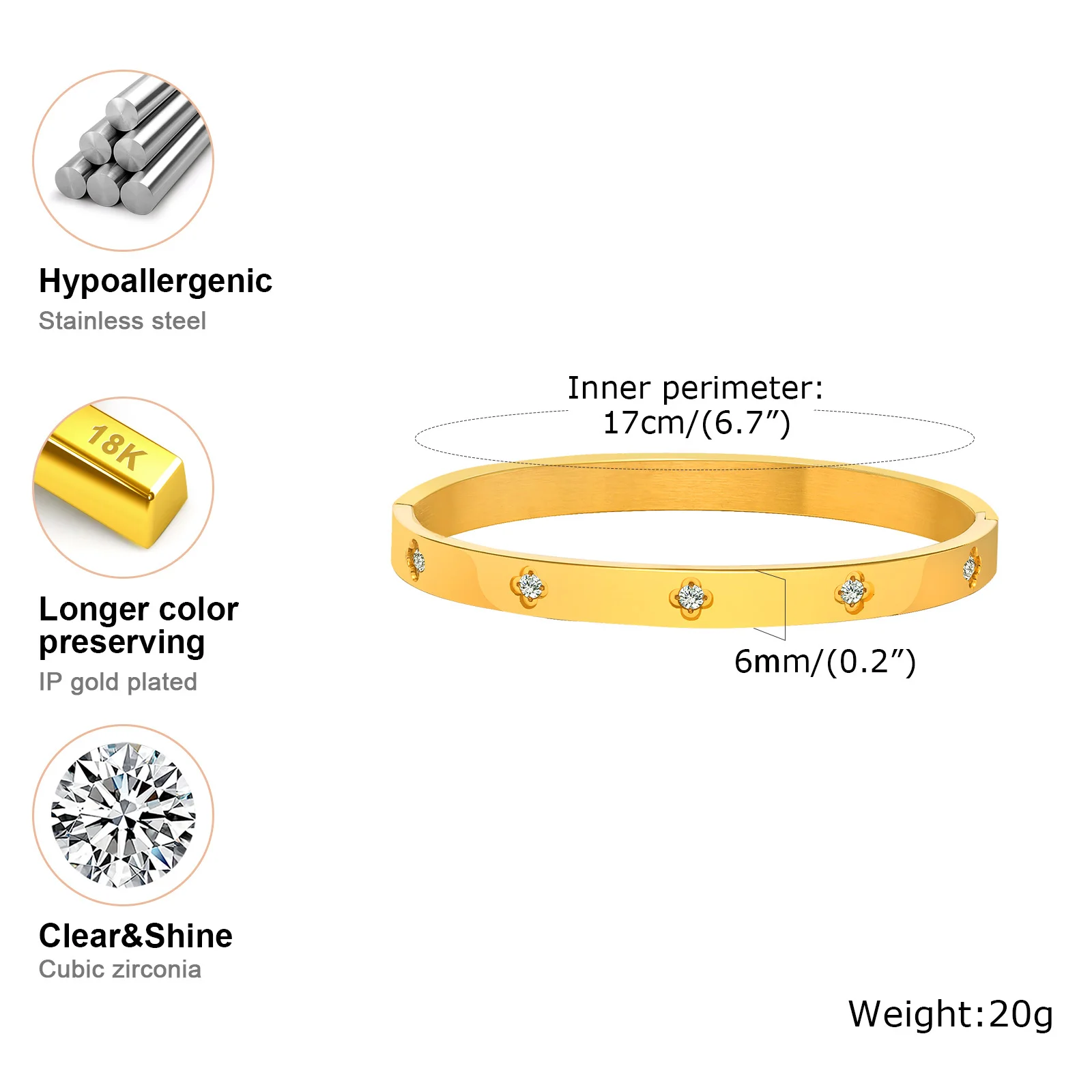 Bracciale Rigido In Acciaio Inox Con Zirconi – Placcato Oro – Gioiello Trifoglio Per Donna – Chiusura Nascosta - 4