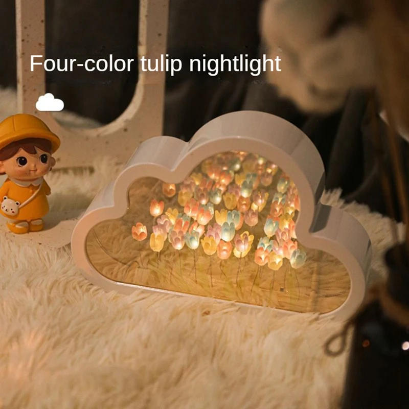 

1 Piece Cloud-Mirror Night Light Handmade DIY Tulip Girl Living Room Night Light Small Mirror Desktop Light-Emitting Ornaments B