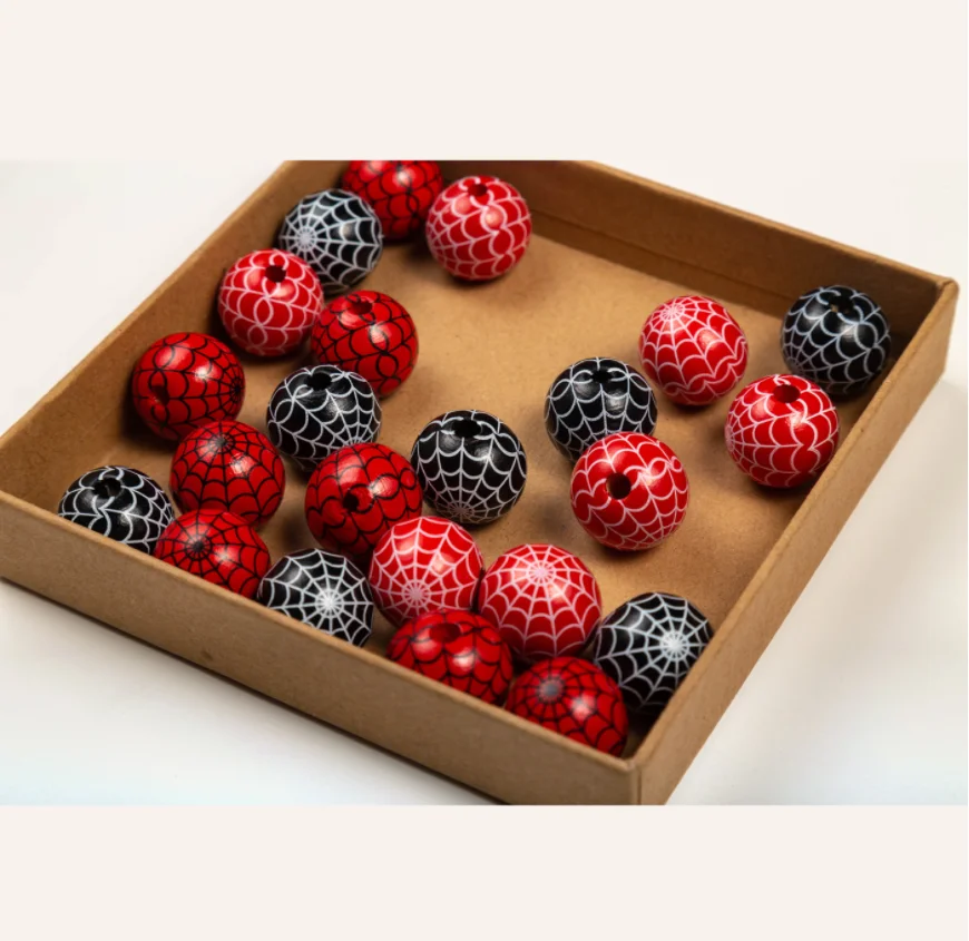 

20mm Halloween Cobweb Print Wood Beads DIY Custom Wooden Decoration Crafts Kid's Toy Bracelet Accessories For Jewelry Making