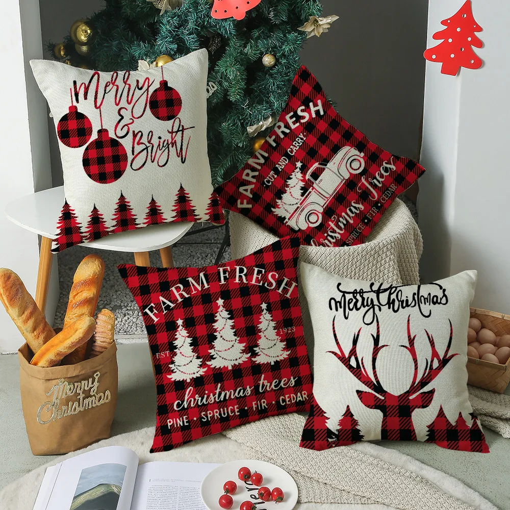 

Christmas Decorating Pillow Covers 18x18 inches Set of 4 for Home Decor Red Black Plaid Christmas Tree Throw Pillow Cushion Case