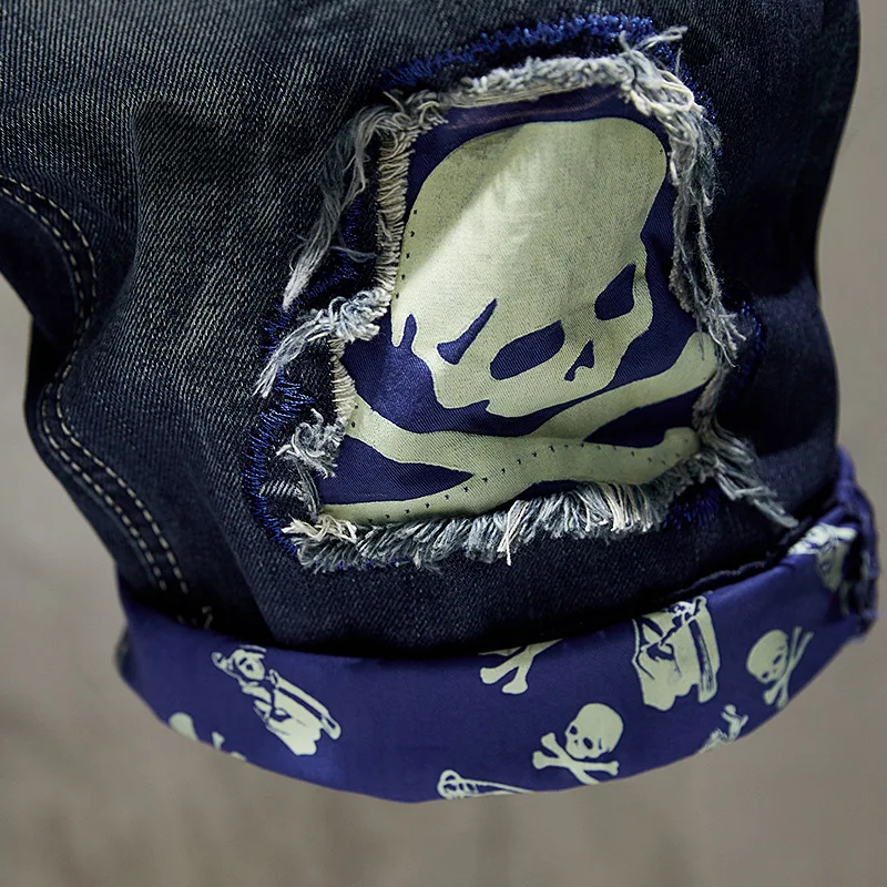 Handsome Motorcycle Denim Shorts Men's Summer Street Fashion Personalized Printed RippedinsHigh Street Slim-Fit Retro Shorts