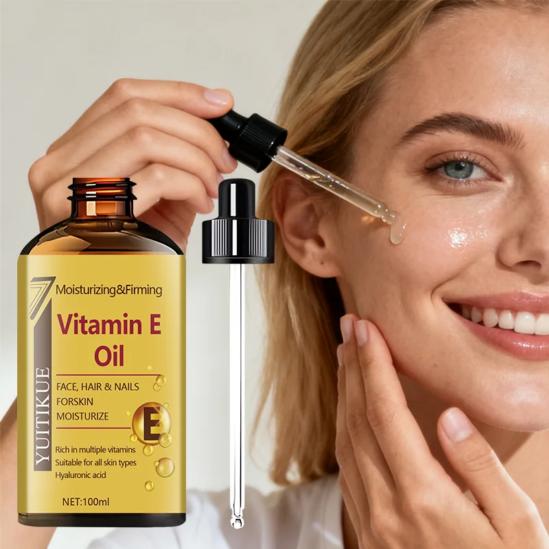 Vitamin E oil moisturizes and firms, rich in various vitamins and hyaluronic acid, suitable for all skin types.
