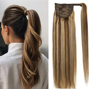 Straight Human Hair Ponytail Extensions 100% Virgin Natural Brazilian Remy Wrap Clip In Hair Horsetail Ponytail For Salon 1