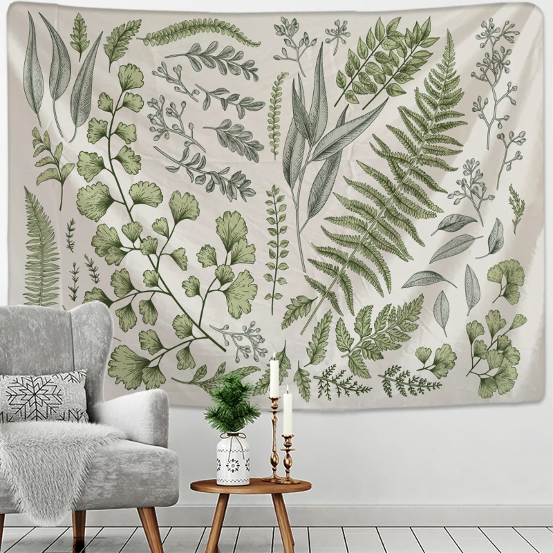 Floral And Green Plants Tapestry Wall Hanging Fern Leaves Boho Nature Landscape Aesthetic Room Home Decor tapestry decor