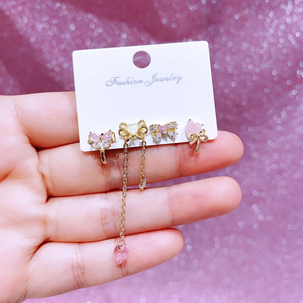 MIGGA 4pcs Sweet Pink Bowknot Stud Earrings Set for Women Girls Gold Color Cubic Zircon Jewelry 2