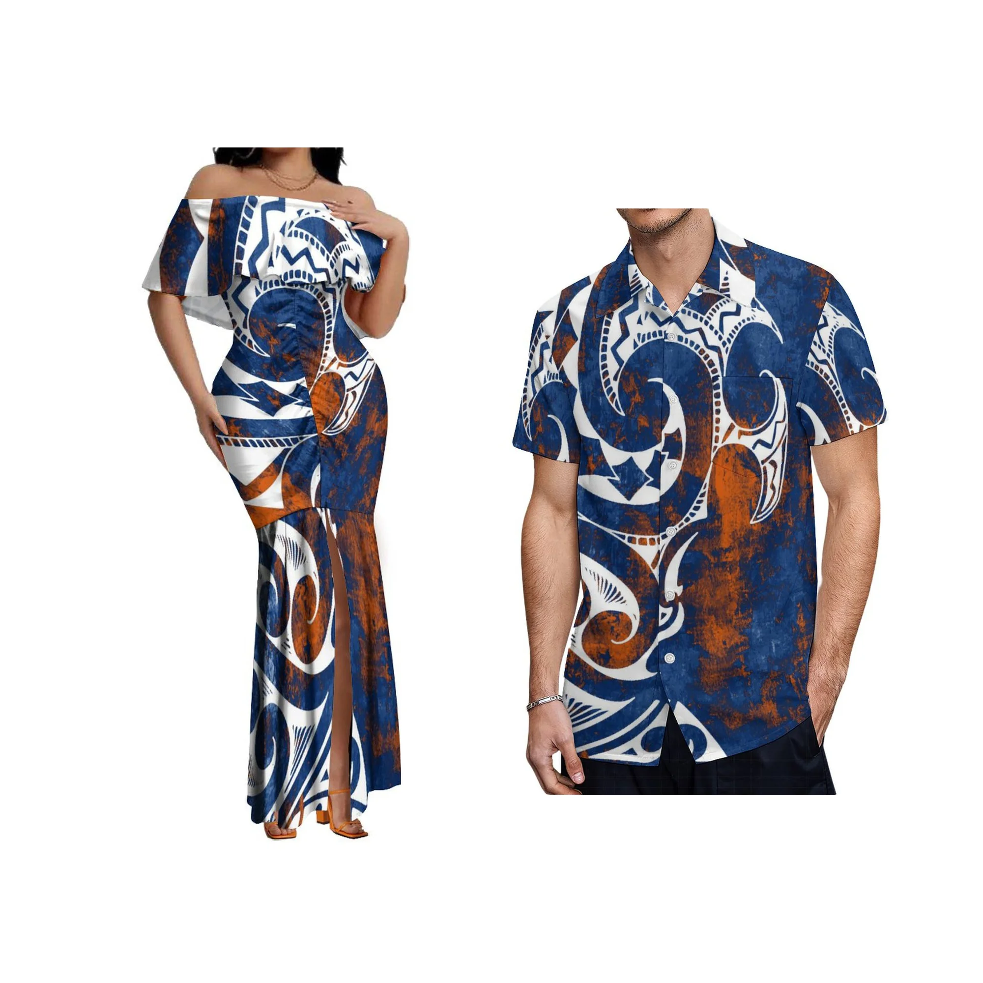 

Factory Price Wholesale Custom Samoan Polynesian Tribal Pleat Dresses Women Lady Elegant Off Shoulder Split Party Fishtail Dress