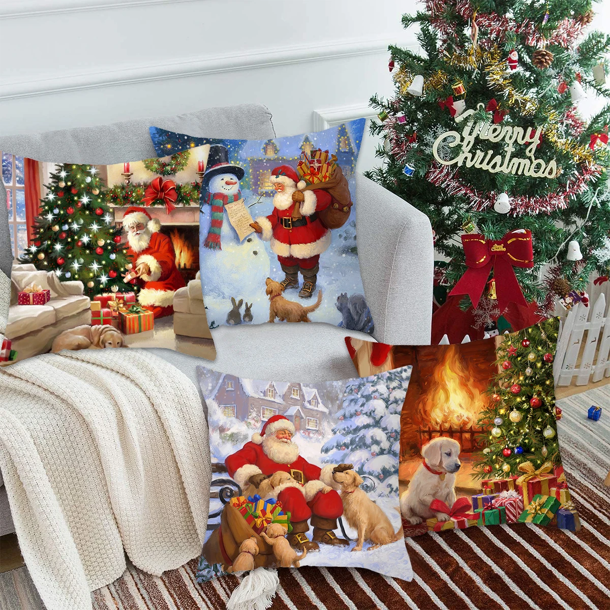 4 Cuscini Natalizi Per Divano 45x45 Cm - Federe In Lino Con Motivi Albero, Pupazzo Di Neve E Alce - Decorazioni Natale Fronte/Retro - 4