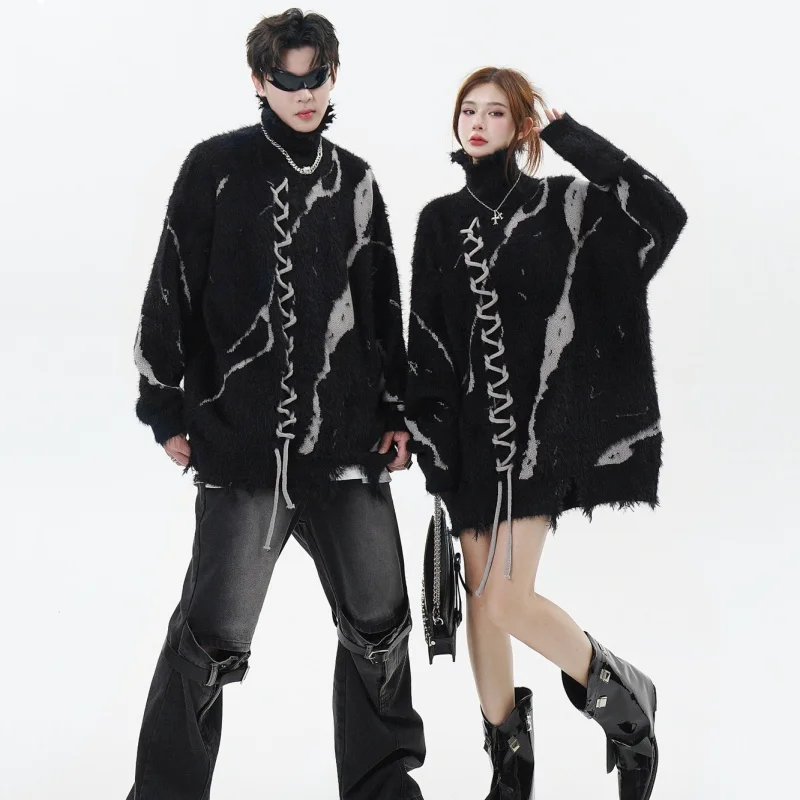 

Amercian Vintage Dark Punk Style Jacquard Knitted Sweaters Men Women Y2K High Street Rag Edge Design Turtleneck Long Sleeve Tops