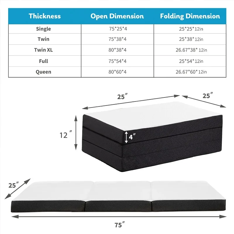 4-inch Tri Folding Memory Mattress with Removable Cover , Single Tri-Fold Mattress 3