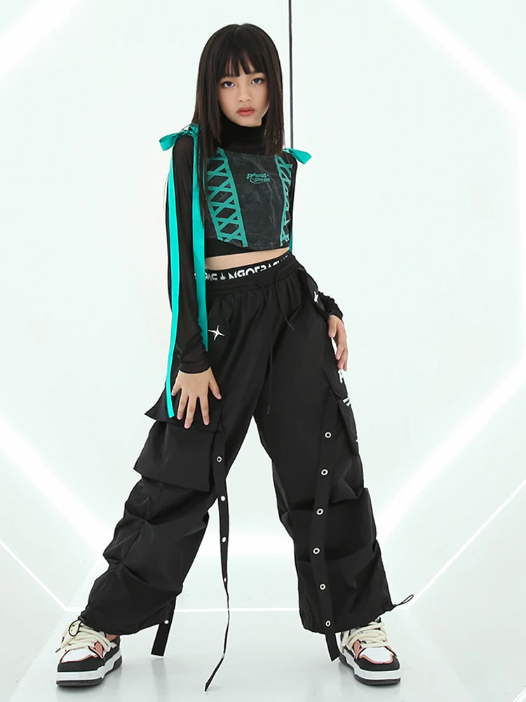 Kids Jazz Dance Costume Girls Hip Hop Performance Clothes Long Sleeves Crop Tops Green Pants Street Dance Outfit Fashion BL11874